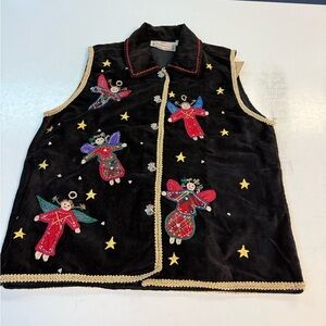 Vintage 90s Black Velveteen Vest Angel Embroidery